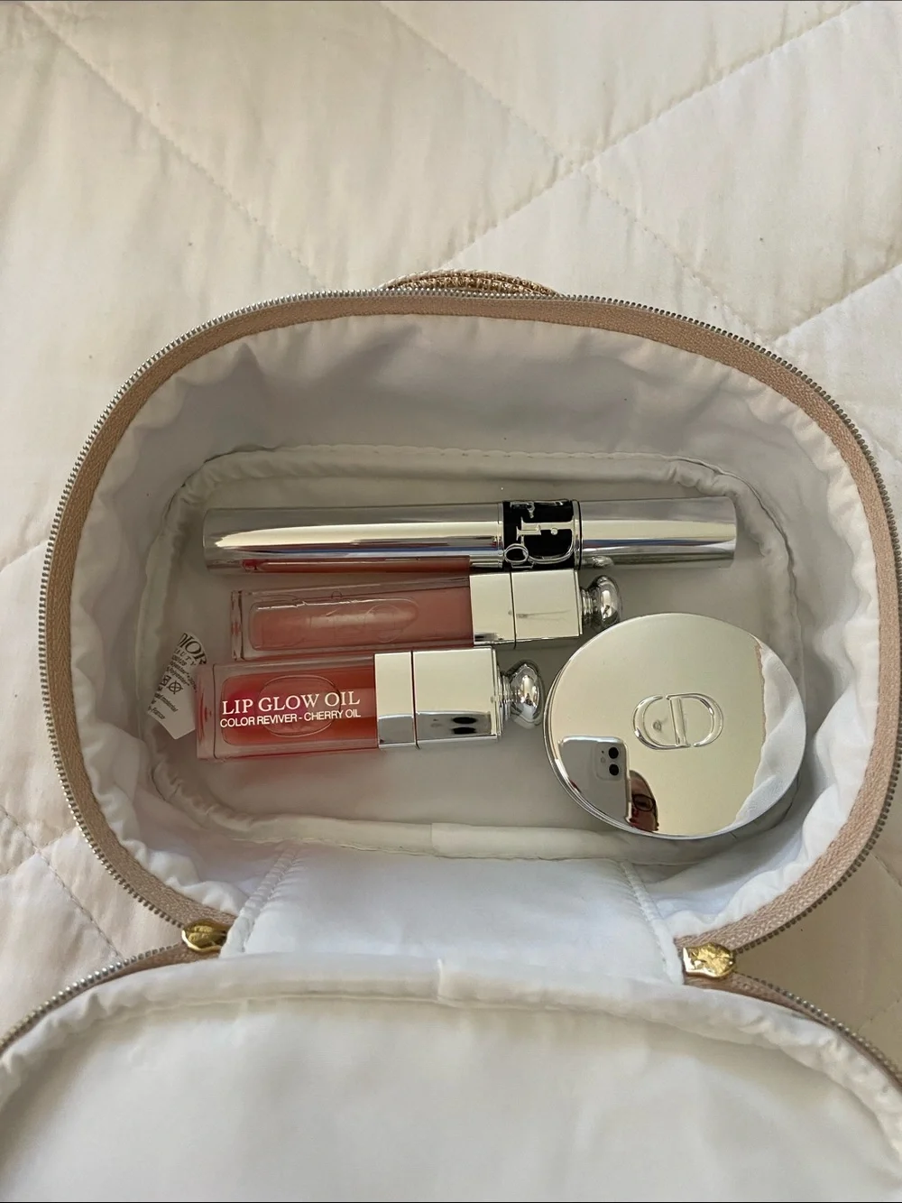 Dior Gold Cosmetic Pouch with Lip essentials, Mascara and Cream